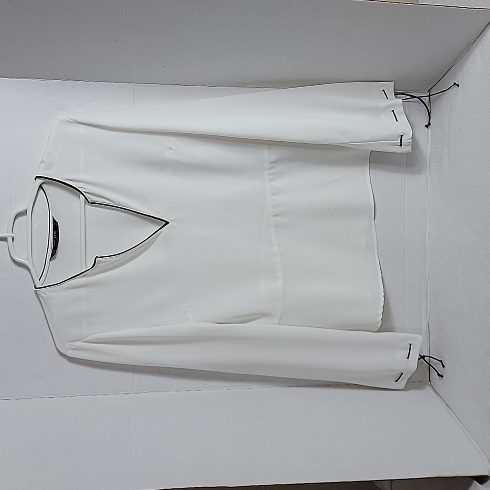 Zara Basic Collection Women's White W/ Black Trim & Tie Accent Long Sleeve Top